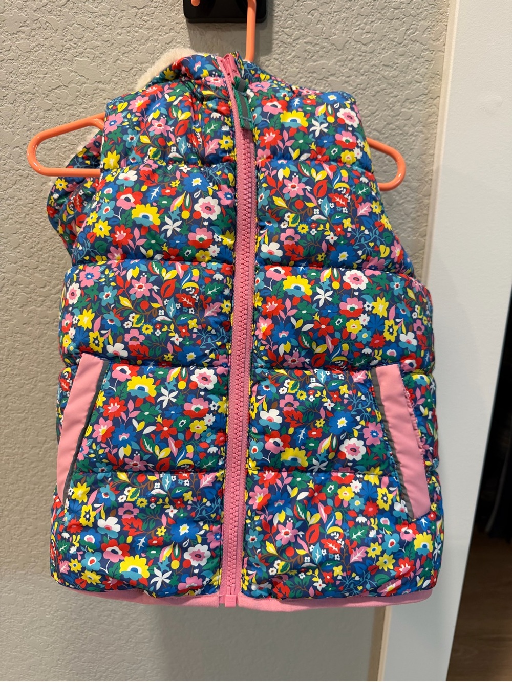 Mini Boden Floral Puffer Vest - Blue with Pink Trim